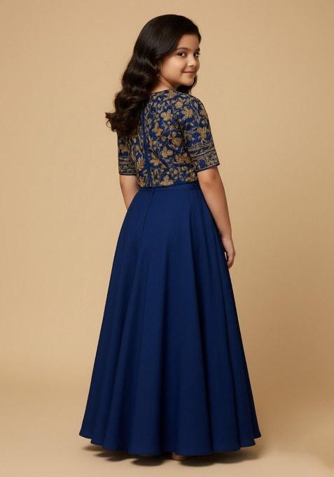 Girls Blue Brocade Lehenga Set