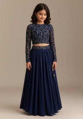 Girls Blue Georgette Embroidered Lehenga Set