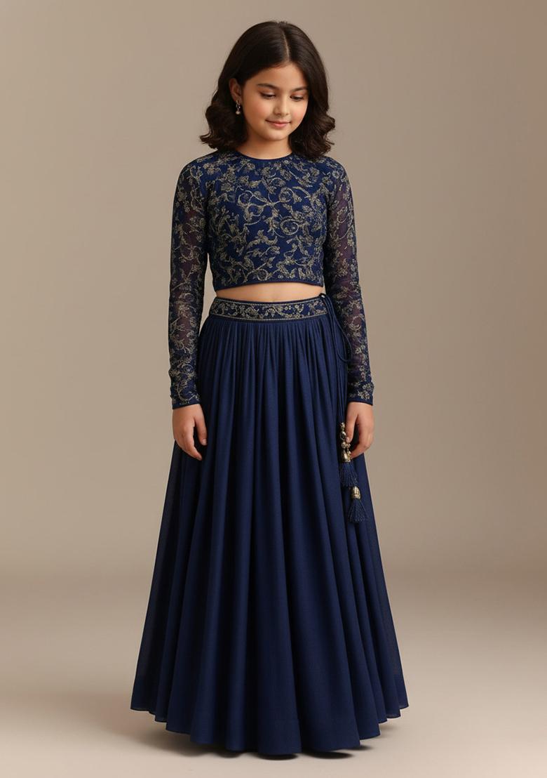 Girls Blue Georgette Embroidered Lehenga Set