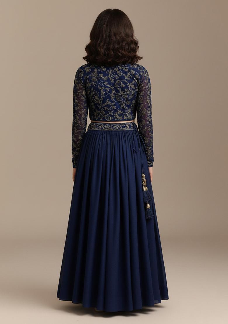 Girls Blue Georgette Embroidered Lehenga Set
