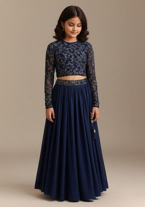 Girls Blue Georgette Embroidered Lehenga Set
