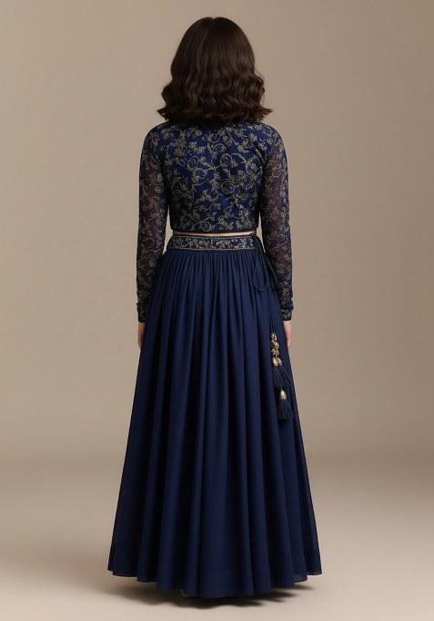 Girls Blue Georgette Embroidered Lehenga Set