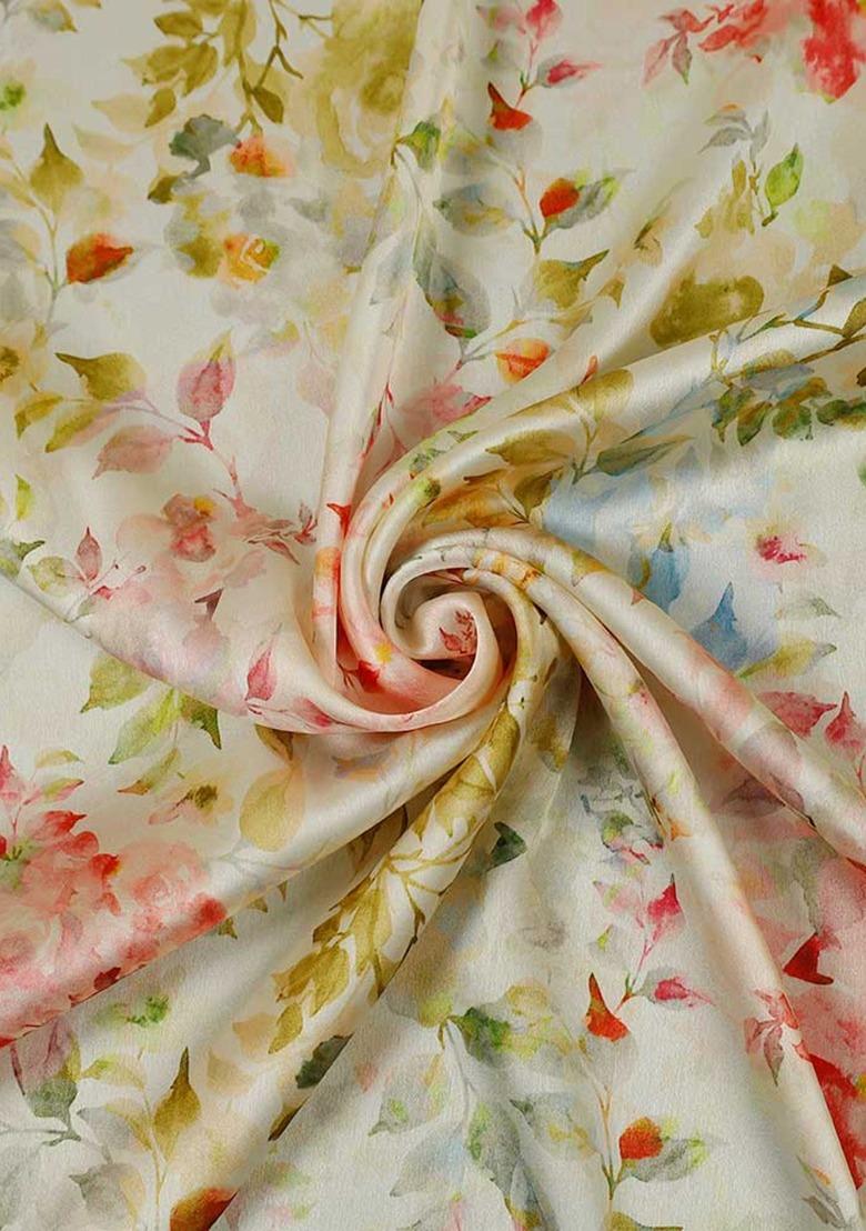 Girls Cream Satin Floral Printed Lehenga Set