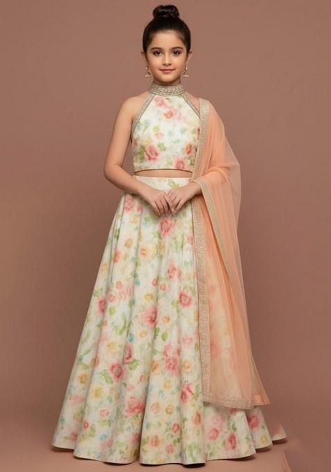 Girls Cream Satin Floral Printed Lehenga Set