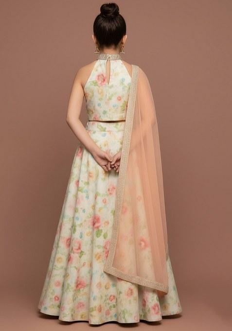 Girls Cream Satin Floral Printed Lehenga Set