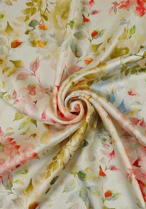 Girls Cream Satin Floral Printed Lehenga Set