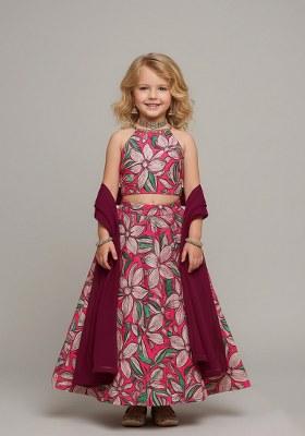 Girls Pink Satin Floral Printed Lehenga Set