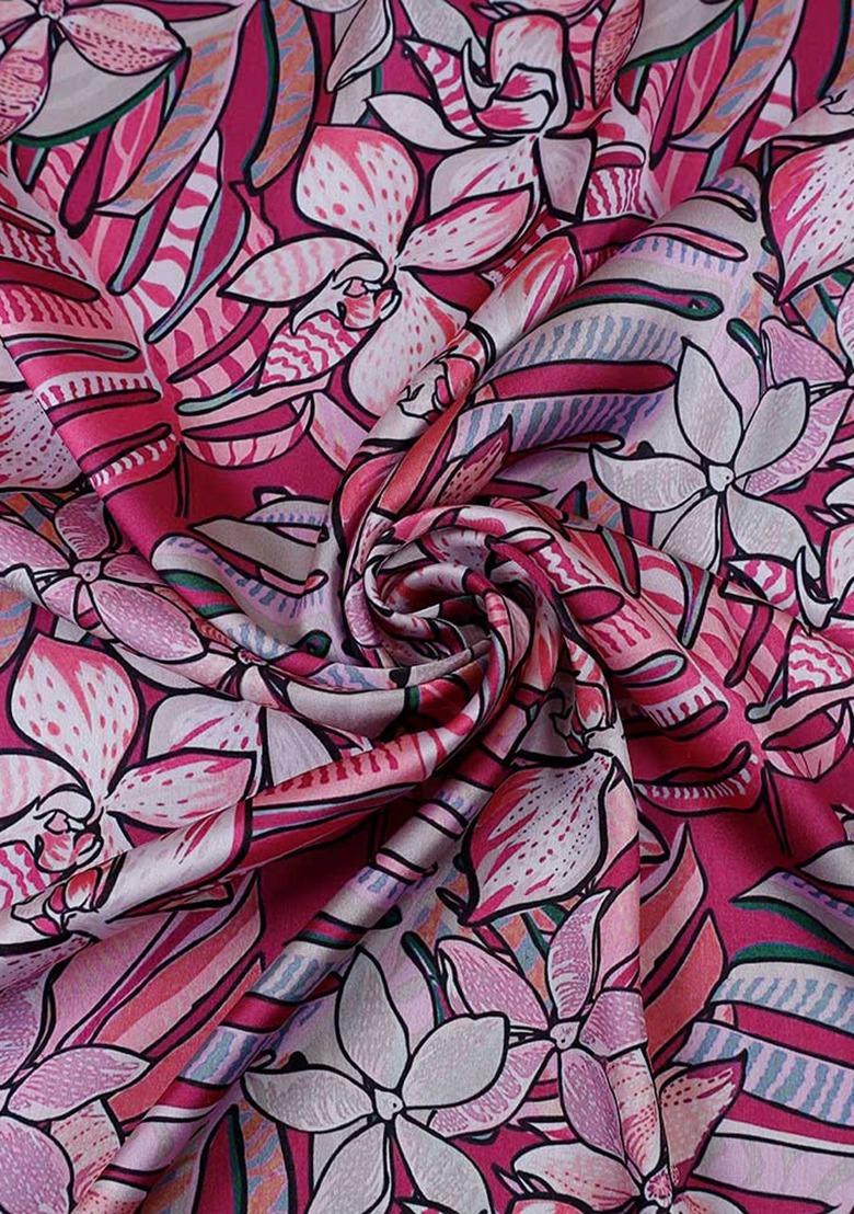 Girls Pink Satin Floral Printed Lehenga Set