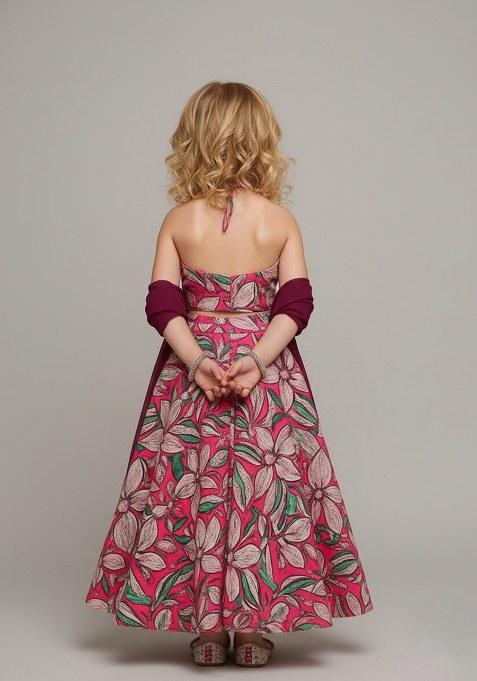 Girls Pink Satin Floral Printed Lehenga Set