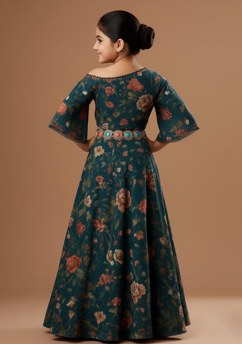 Girs Teal Blue Crepe Floral Printed Lehenga Set - Indya
