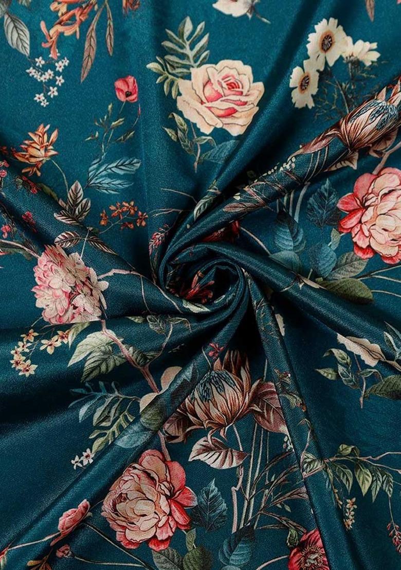 Girs Teal Blue Crepe Floral Printed Lehenga Set