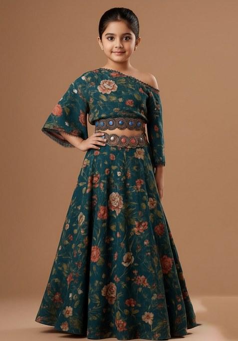 Girs Teal Blue Crepe Floral Printed Lehenga Set