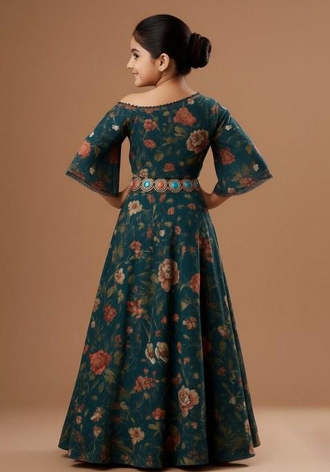 Girs Teal Blue Crepe Floral Printed Lehenga Set