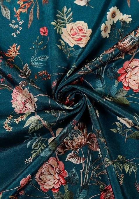 Girs Teal Blue Crepe Floral Printed Lehenga Set