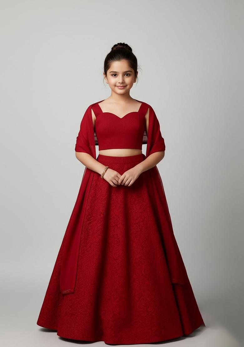 Girls Maroon Net Embroidered Lehenga Set