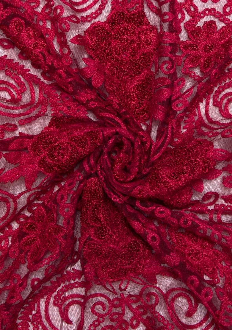 Girls Maroon Net Embroidered Lehenga Set