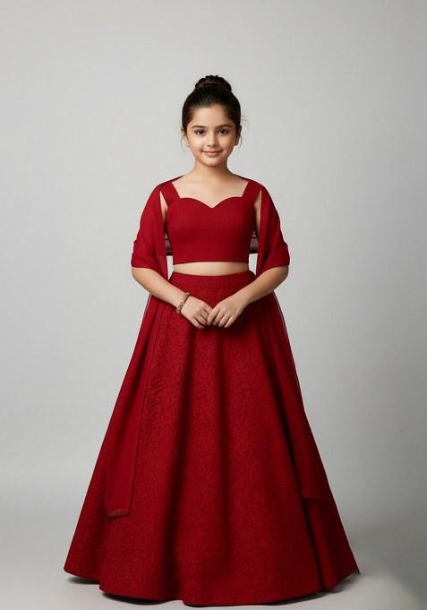 Girls Maroon Net Embroidered Lehenga Set