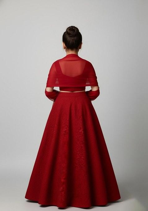 Girls Maroon Net Embroidered Lehenga Set