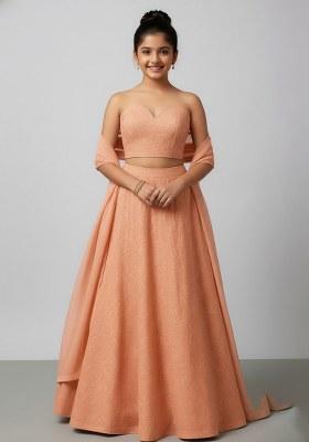 Girls Peach Net Embroidered Lehenga Set