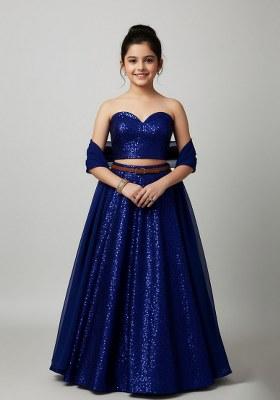 Girls Royal Blue Net Sequin Lehenga Set