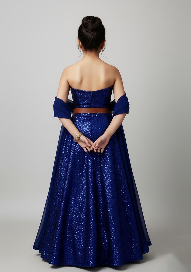 Girls Royal Blue Net Sequin Lehenga Set - Indya