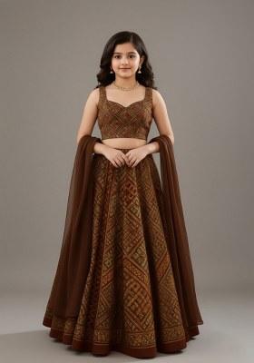 Girls Brown Crepe Embroidered Lehenga Set