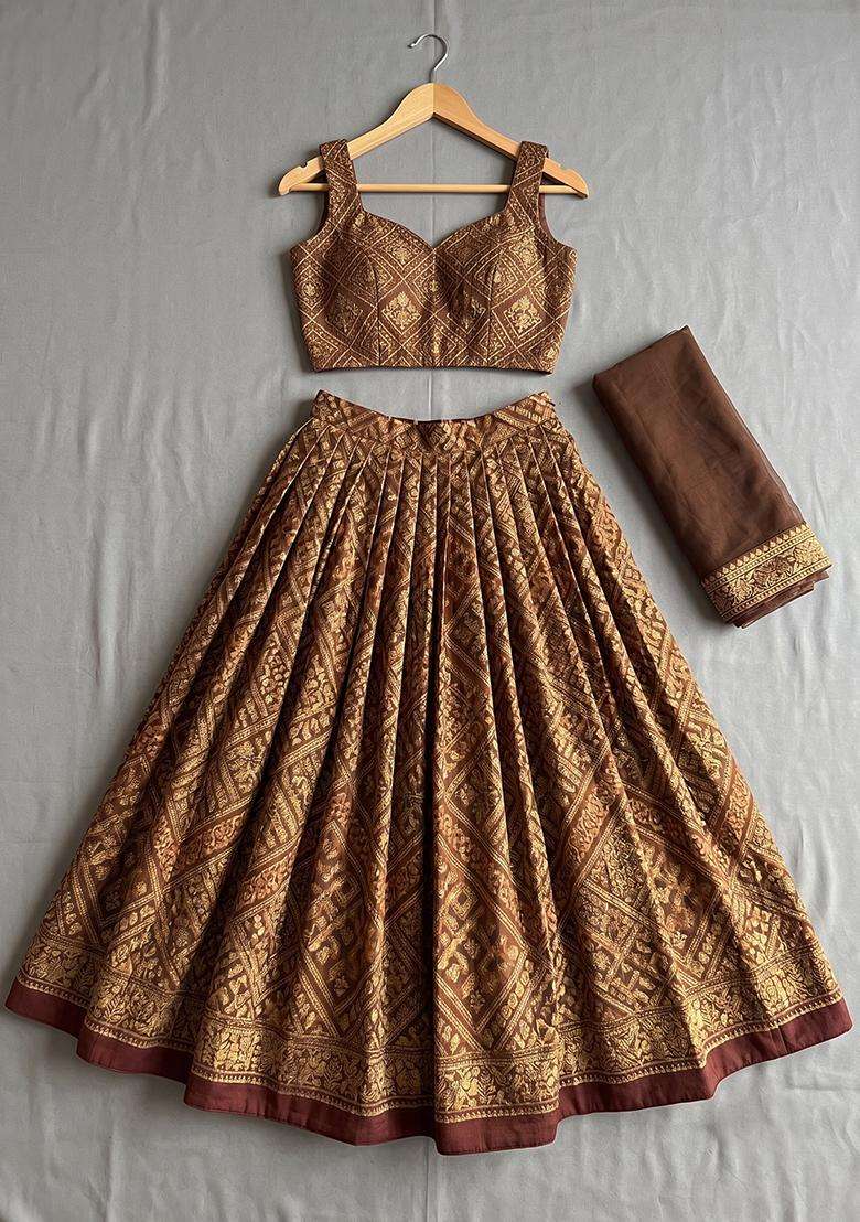 Girls Brown Crepe Embroidered Lehenga Set - Indya