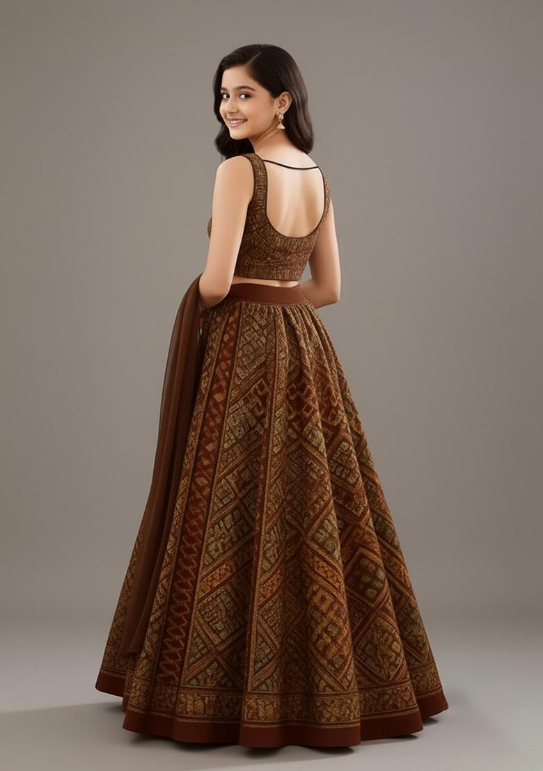 Girls Brown Crepe Embroidered Lehenga Set - Indya