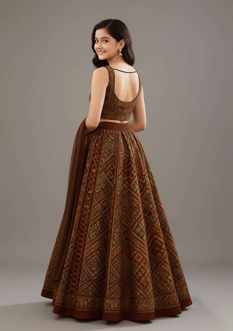 Girls Brown Crepe Embroidered Lehenga Set - Indya