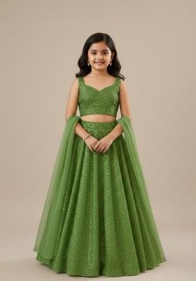Girls Green Sequin Georgette Lehenga Set