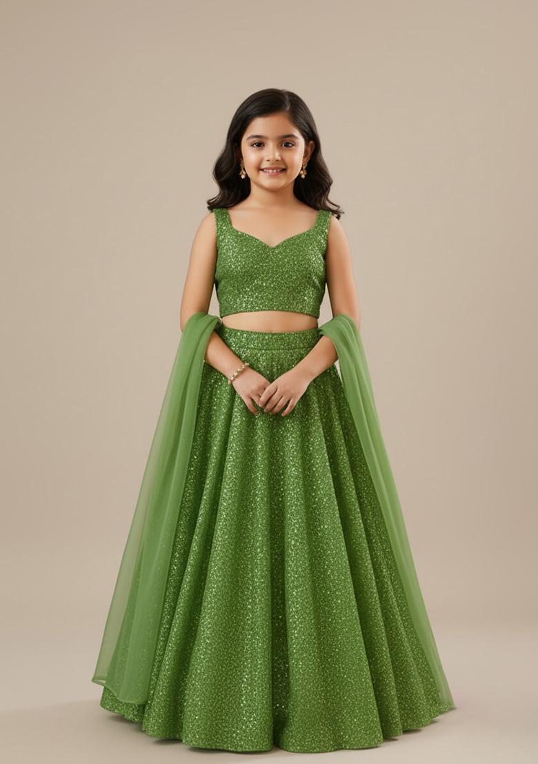 Girls Green Sequin Georgette Lehenga Set