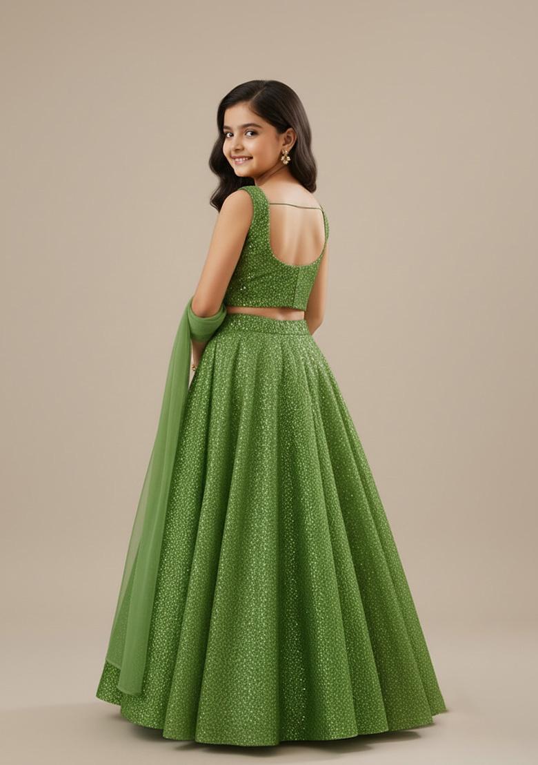 Girls Green Sequin Georgette Lehenga Set