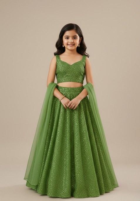 Girls Green Sequin Georgette Lehenga Set