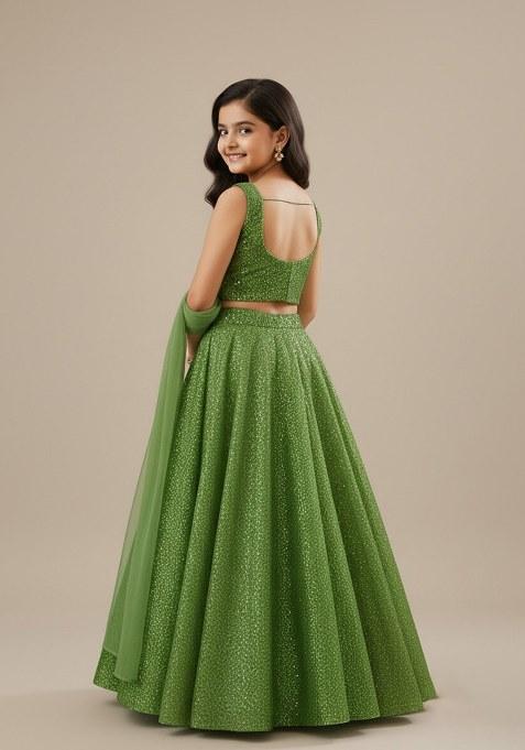 Girls Green Sequin Georgette Lehenga Set