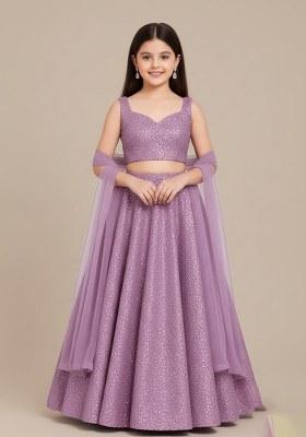 Girls Purple Sequin Georgette Lehenga Set