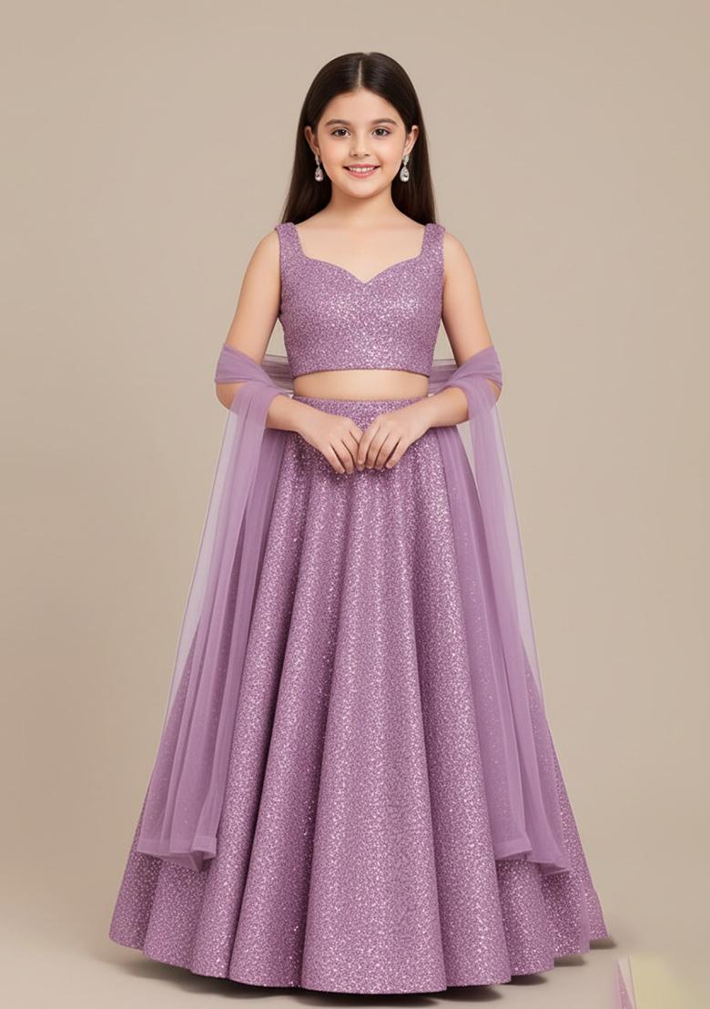 Girls Purple Sequin Georgette Lehenga Set - Indya