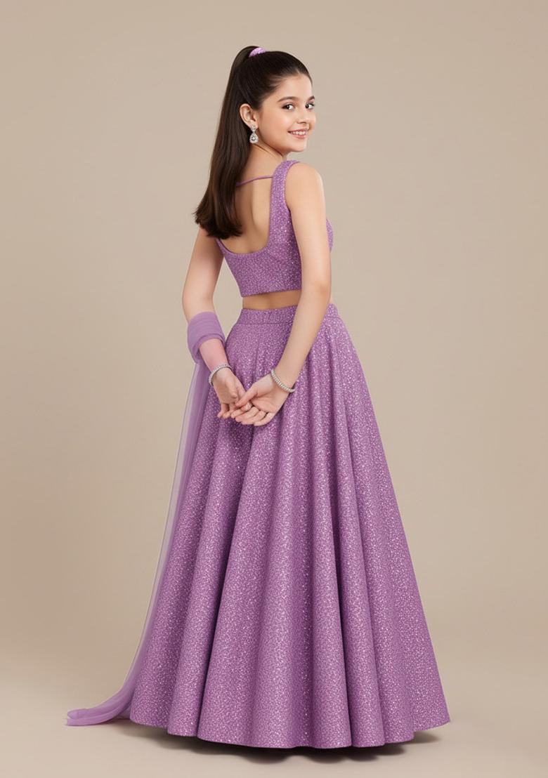 Girls Purple Sequin Georgette Lehenga Set - Indya