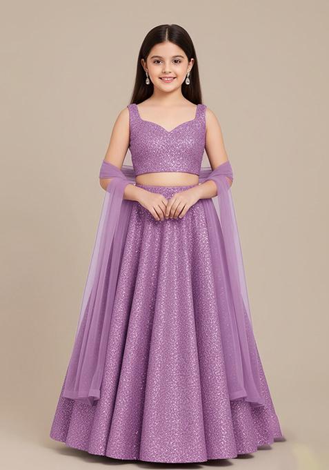 Girls Purple Sequin Georgette Lehenga Set