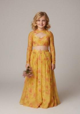 Girls Yellow Floral Printed Chiffon Lehenga Set