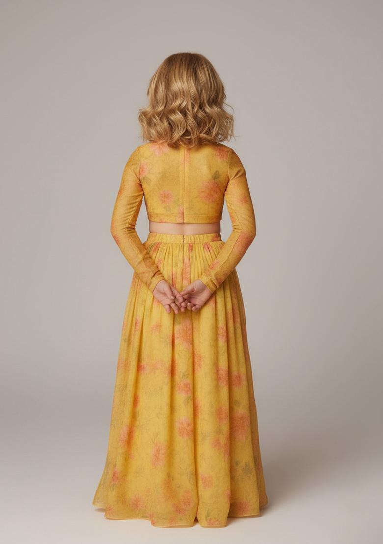 Girls Yellow Floral Printed Chiffon Lehenga Set - Indya
