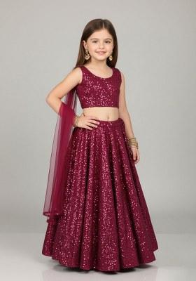 Girls Magenta Pink Sequin Net Lehenga Set