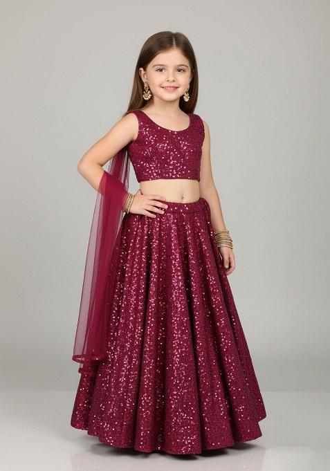 Girls Magenta Pink Sequin Net Lehenga Set