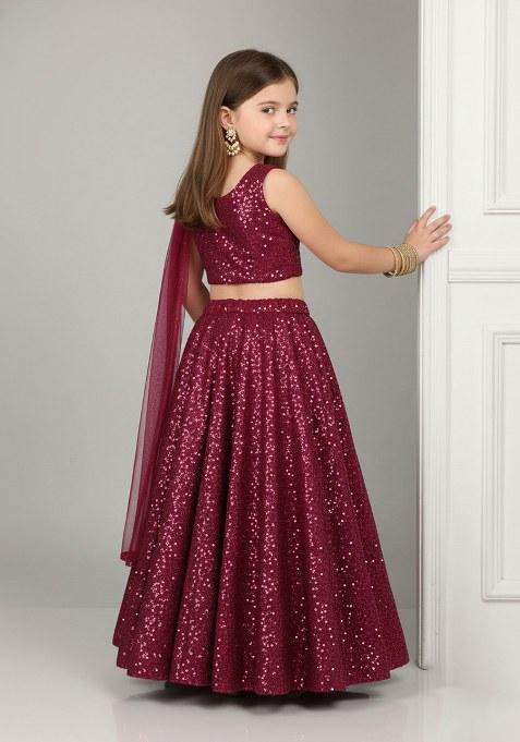 Girls Magenta Pink Sequin Net Lehenga Set