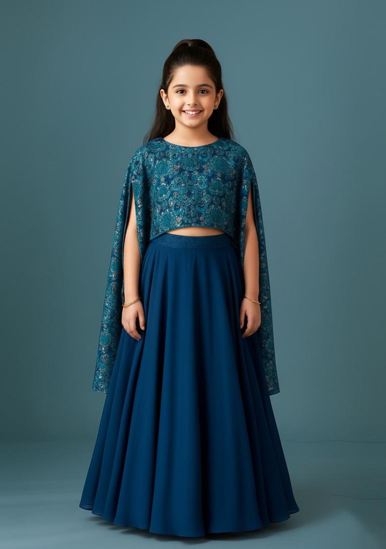 Girls Blue Embellished Blouse Georgette Lehenga Set