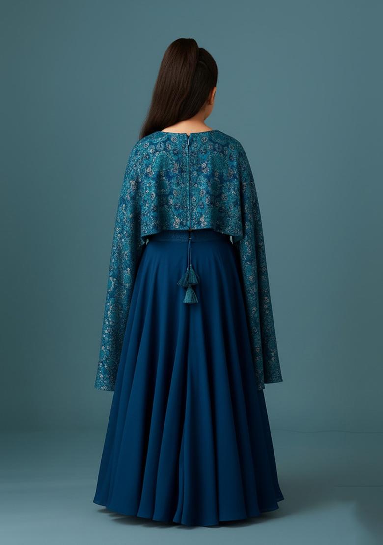 Girls Blue Embellished Blouse Georgette Lehenga Set