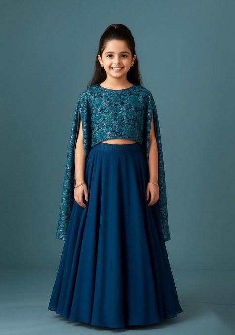 Girls Blue Embellished Blouse Georgette Lehenga Set