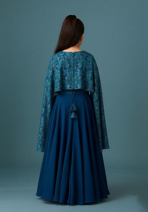 Girls Blue Embellished Blouse Georgette Lehenga Set