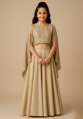 Girls Beige Embroidered Blouse Georgette Lehenga Set