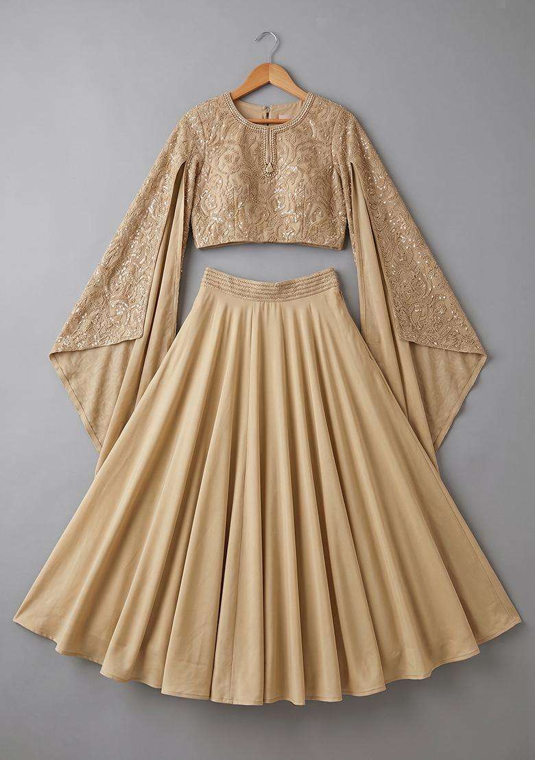 Girls Beige Embroidered Blouse Georgette Lehenga Set - Indya