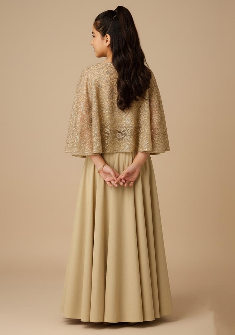 Girls Beige Embroidered Blouse Georgette Lehenga Set - Indya